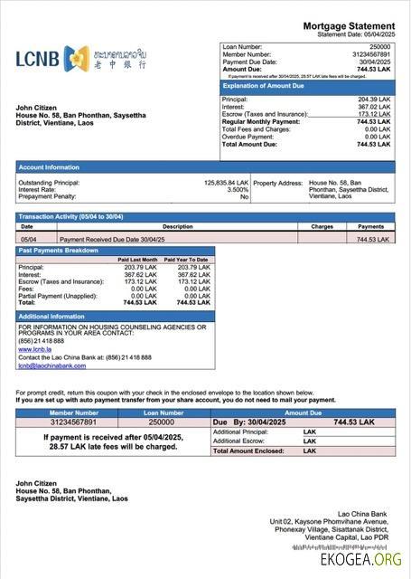 Laos Lao China Bank Relevé hypothécaire Modèle Word et PDF